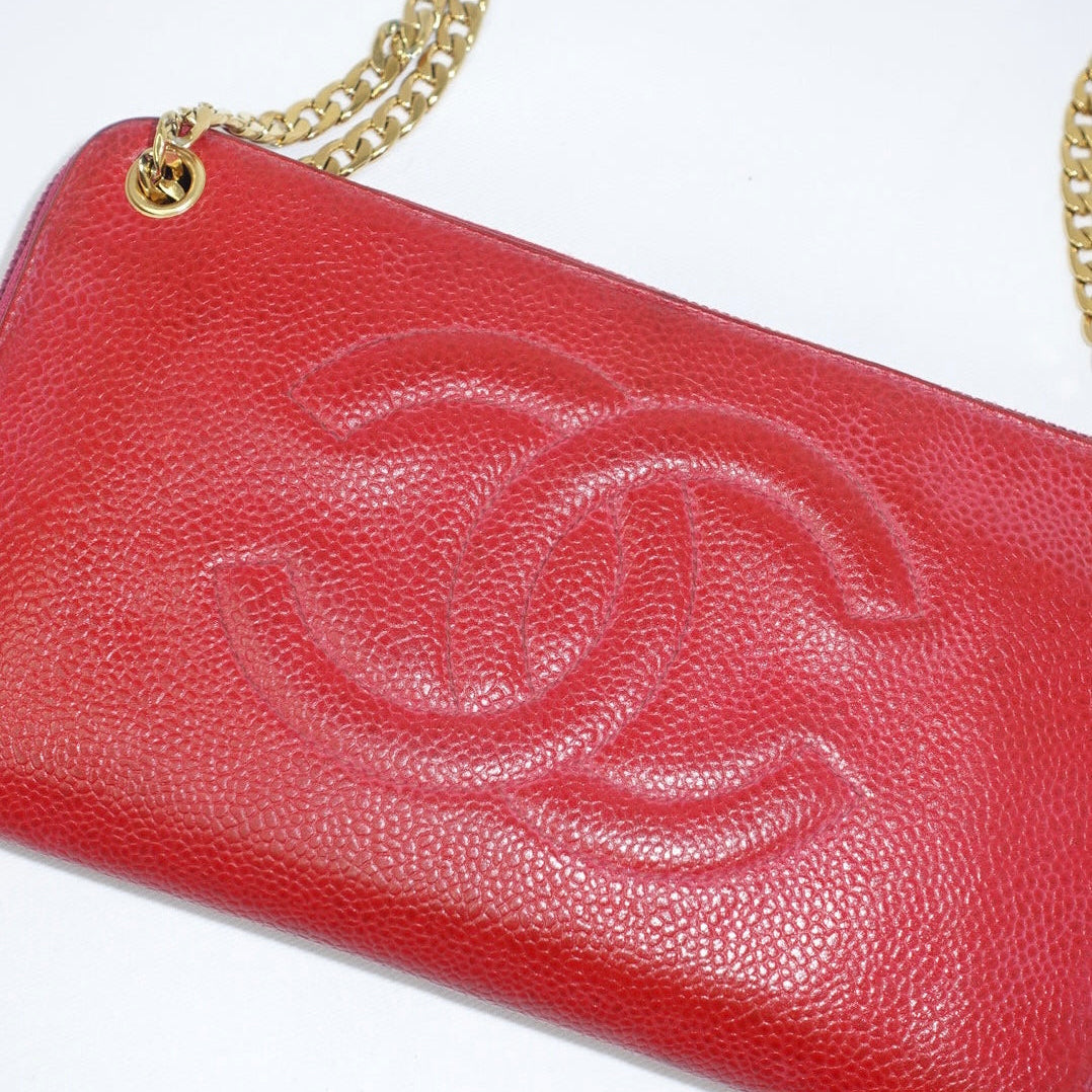 Chanel hot pink wallet on chain CC logo detail