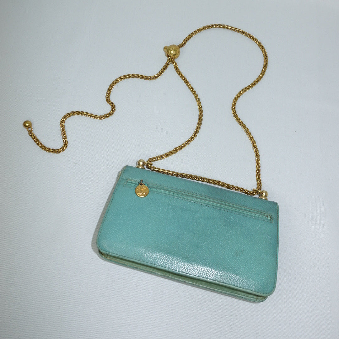 chanel re worked teal cc flap wallet on chain back