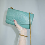 Chanel Re-Worked Flap Vintage Wallet With Chain in Teal Caviar Calfskin Gold Hardware
