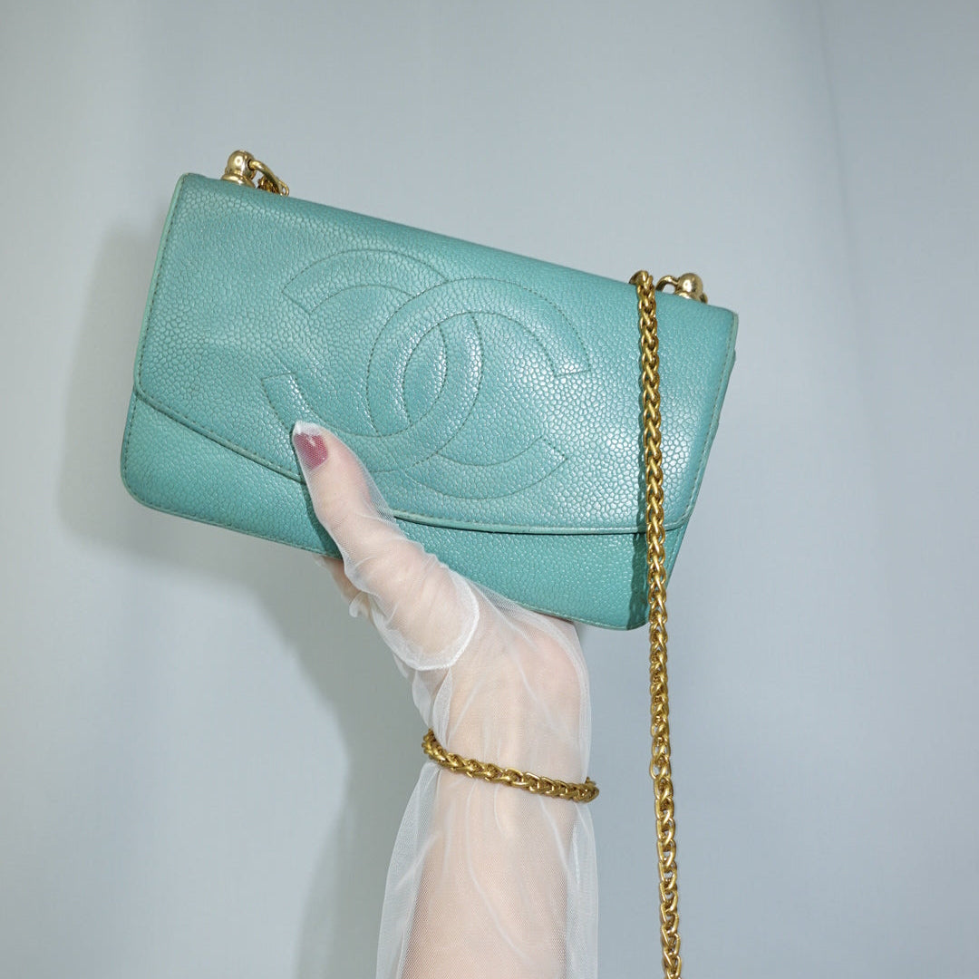 Chanel Re-Worked Flap Vintage Wallet With Chain in Teal Caviar Calfskin Gold Hardware