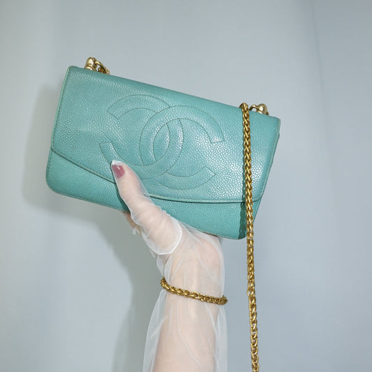 Chanel Re-Worked Flap Vintage Wallet With Chain in Teal Caviar Calfskin Gold Hardware
