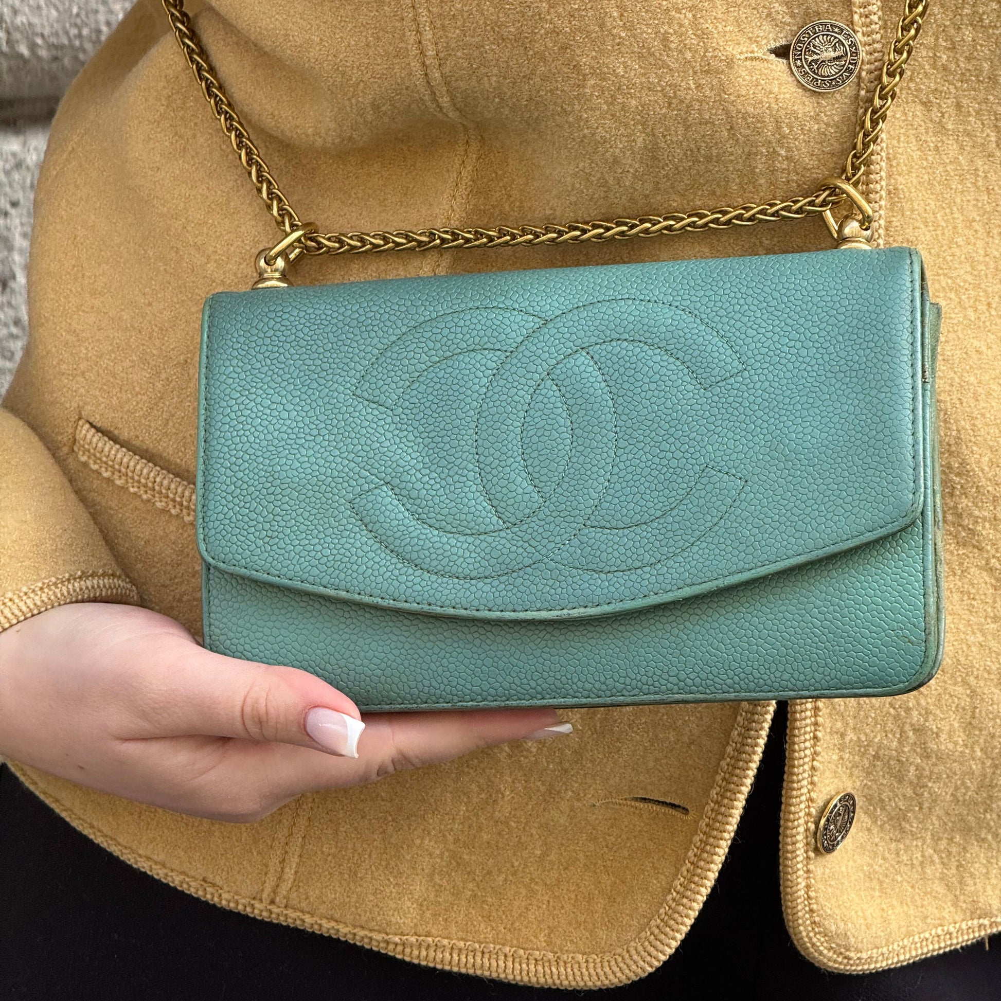 Chanel teal wallet on chain CC logo detail
