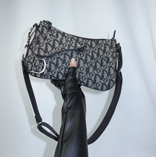     Vintage Dior Double Saddle Monogram Canvas Crossbody Bag front view with iconic logo pattern and leather trim.