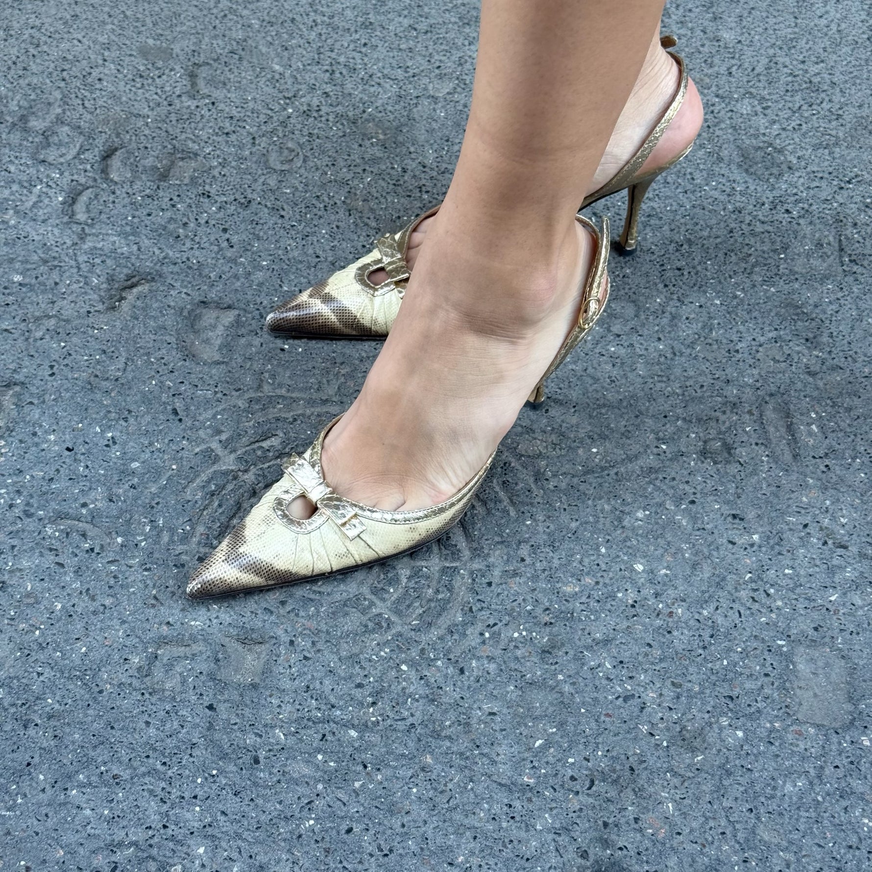 Angled view of Dolce & Gabbana Gold Python Heels showcasing the pointed silhouette, python-pattern leather and metallic gold finish.