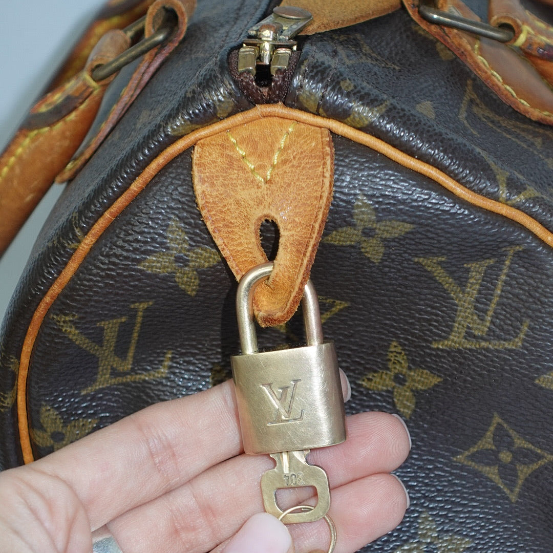 louis vuitton speedy 25 monogram canvas handbag detail
