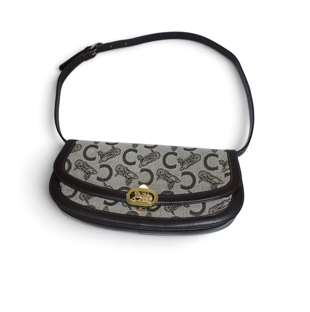 My Vintage Attire Celine Sulky shoulder bag in brown beige monogram canvas with leather trim and gold logo clasp.