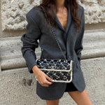 My Vintage Attire Chanel chessboard flap bag in black patent leather and tweed with silver CC turn-lock chain strap.