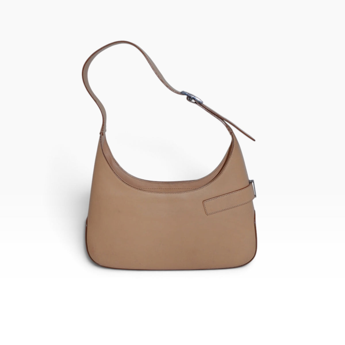 My Vintage Attire Ferragamo Gancini hobo bag in smooth tan leather with silver-toned hardware and shoulder strap.