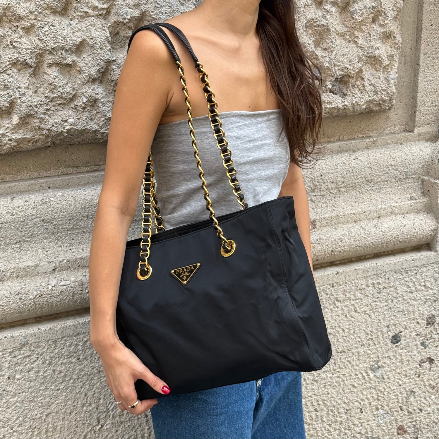  Prada Nylon Tote Bag worn side view showing bag shape and shoulder straps