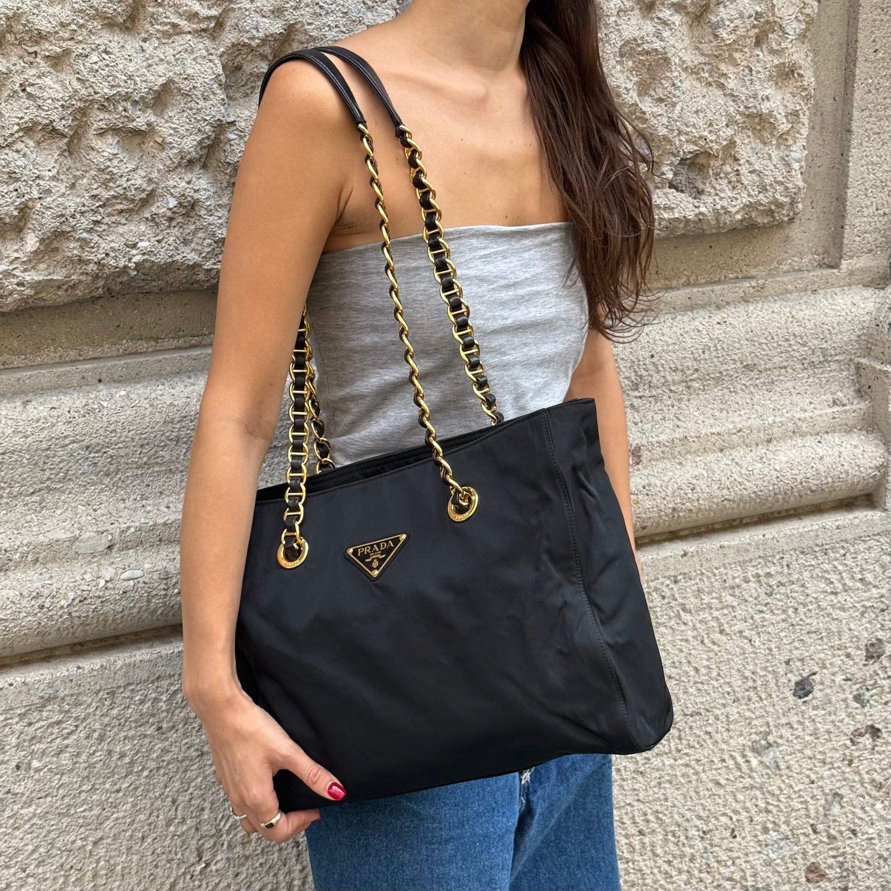  Prada Nylon Tote Bag worn side view showing bag shape and shoulder straps