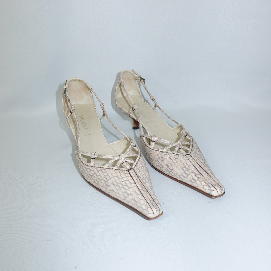 Prada Vintage Beige Python Pointed Toe Kitten Heels - three-quarter view