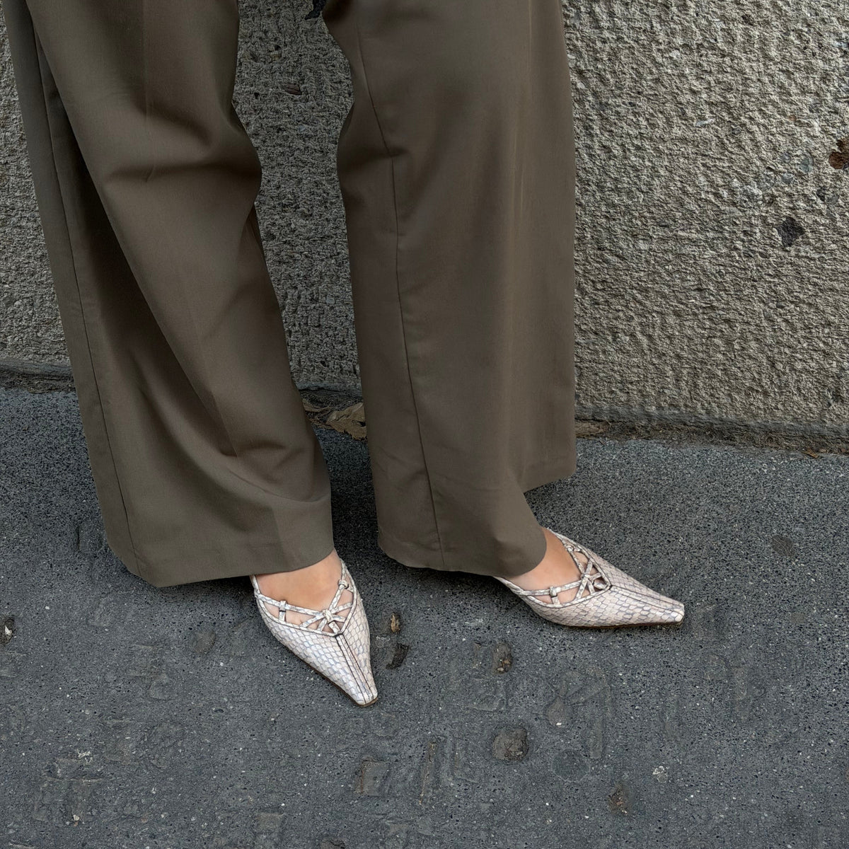 Prada Vintage Beige Python Pointed Toe Kitten Heels - worn side view