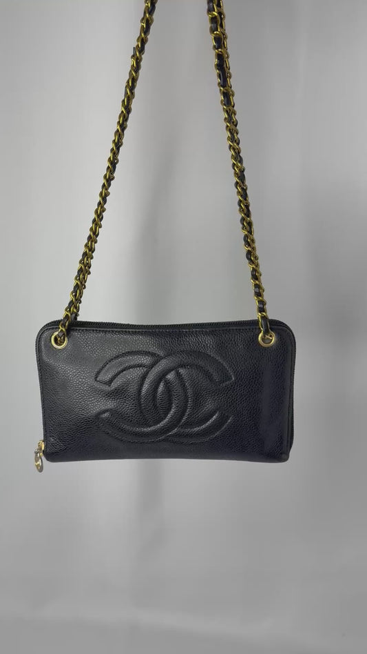 Chanel Re-Worked Vintage Black Zip Wallet With Chain
