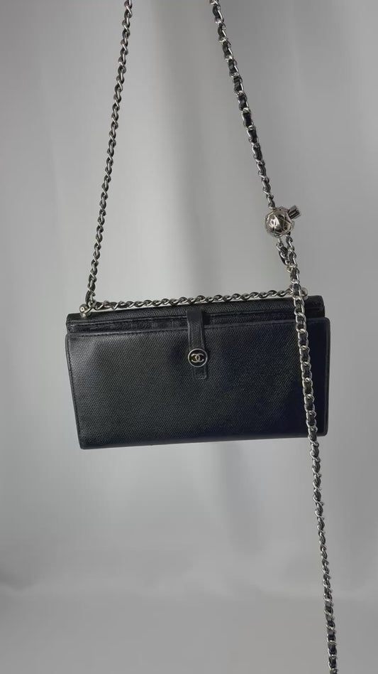 Chanel Re-Worked Round Logo Black Lambskin Wallet w/chain