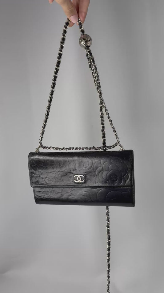 Chanel Re-Worked Camelia Vintage Black Wallet with Chain