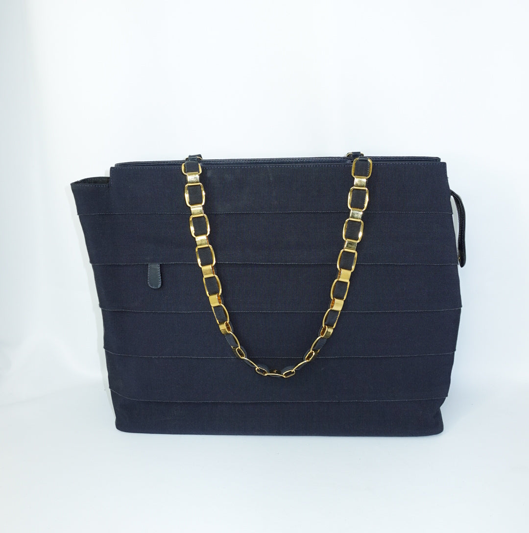 Salvatore Ferragamo Navy Ruffle Tote Bag front view showing layered ruffle design
