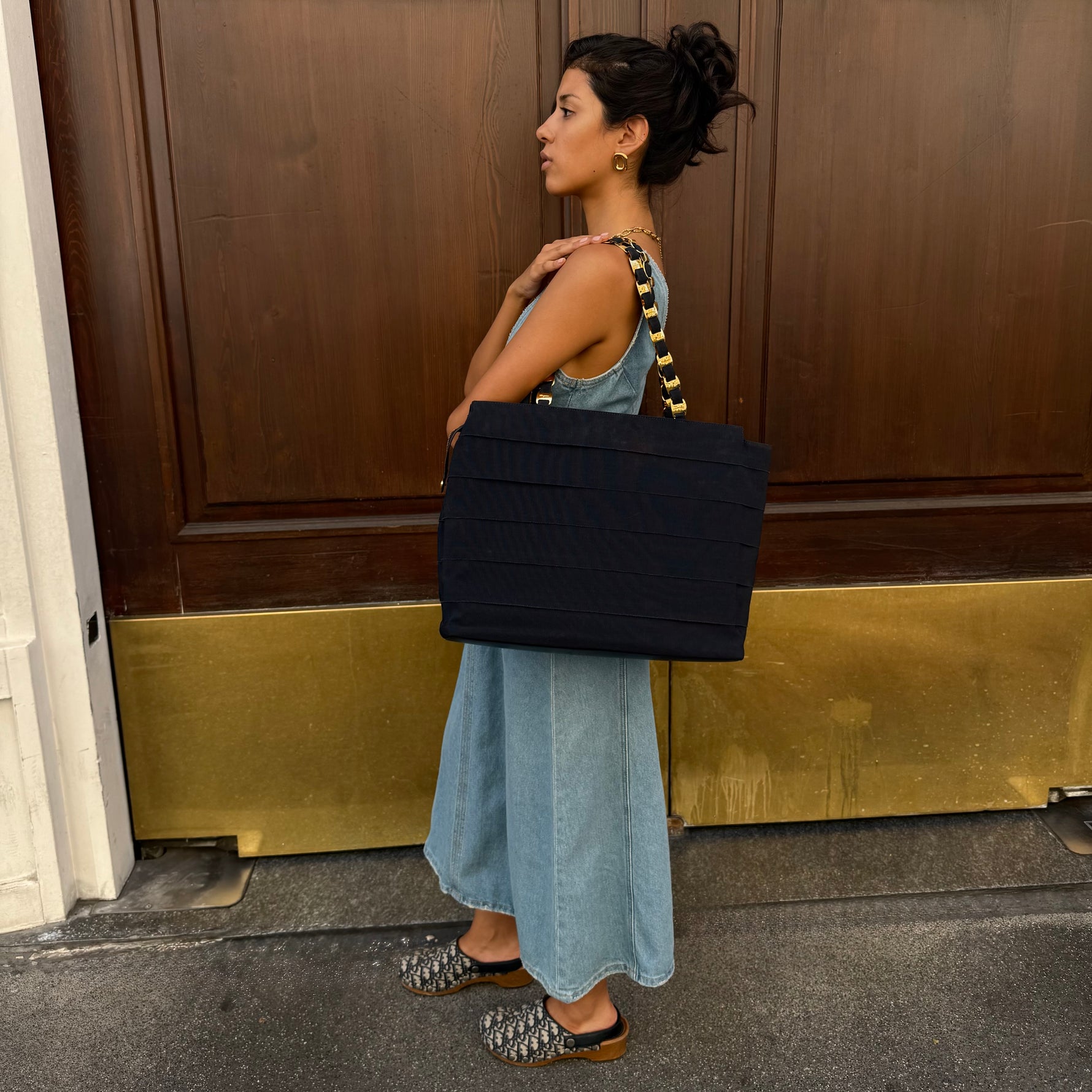 Salvatore Ferragamo Navy Ruffle Tote Bag worn front view showing size and fit