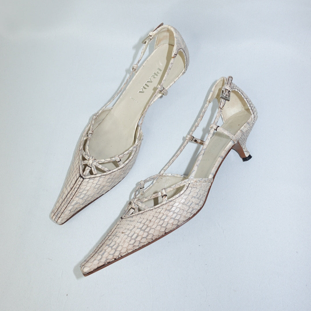 Prada Vintage Beige Python Pointed Toe Kitten Heels - front view