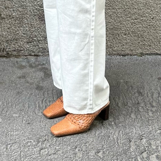 vintage caramel woven mule heels