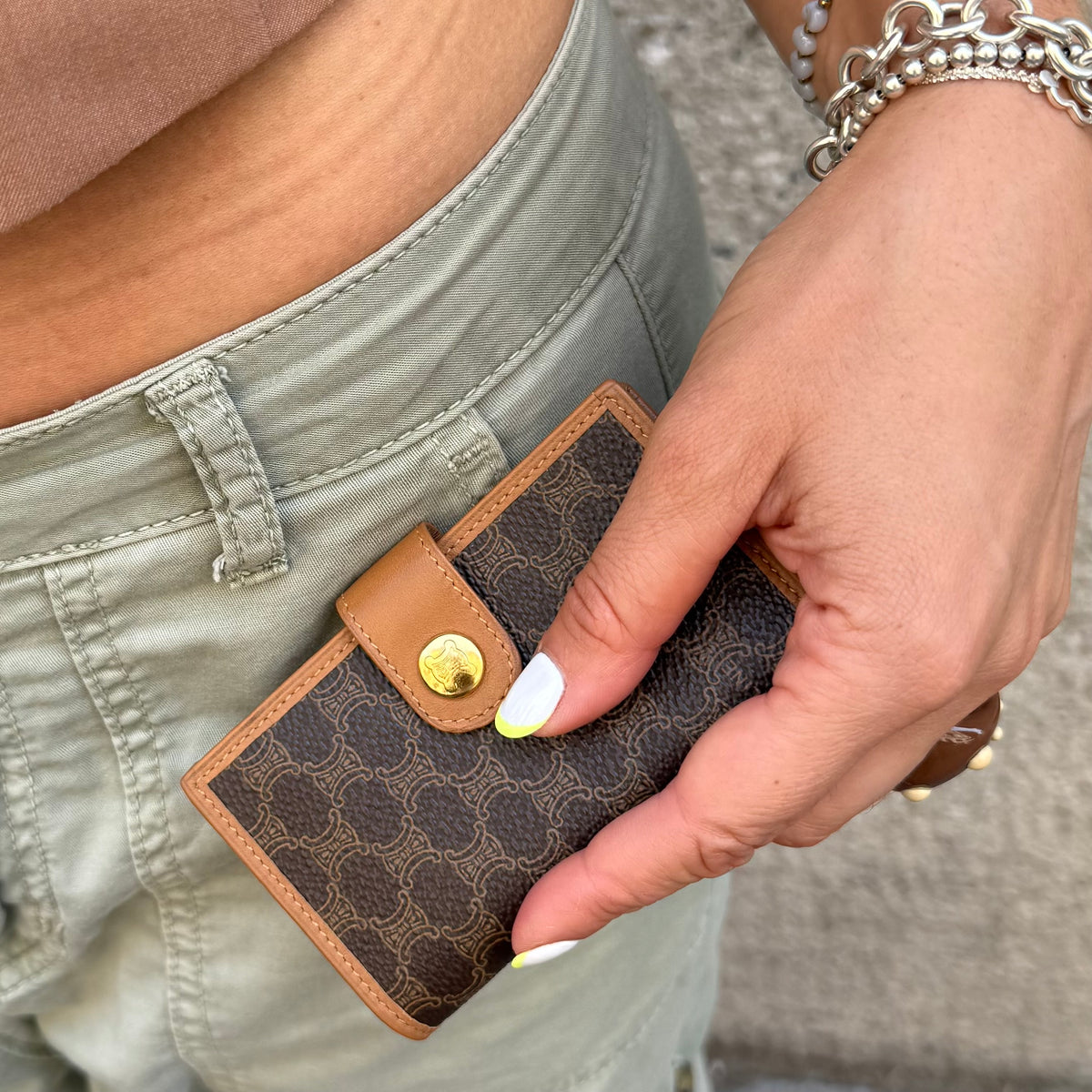  Vintage Celine dark brown monogram key holder with tan leather trim