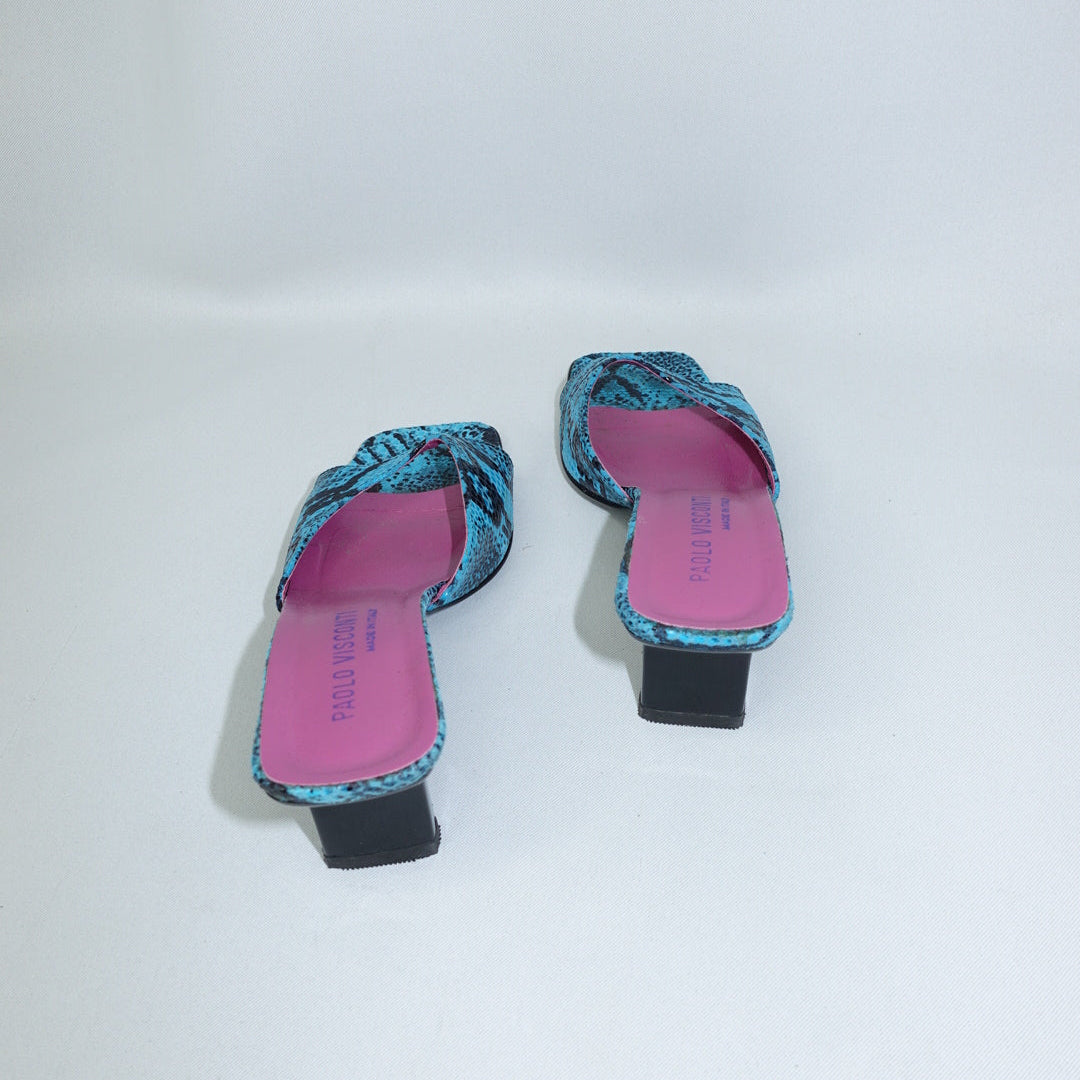 vintage turquoise snake print mule shoes back view