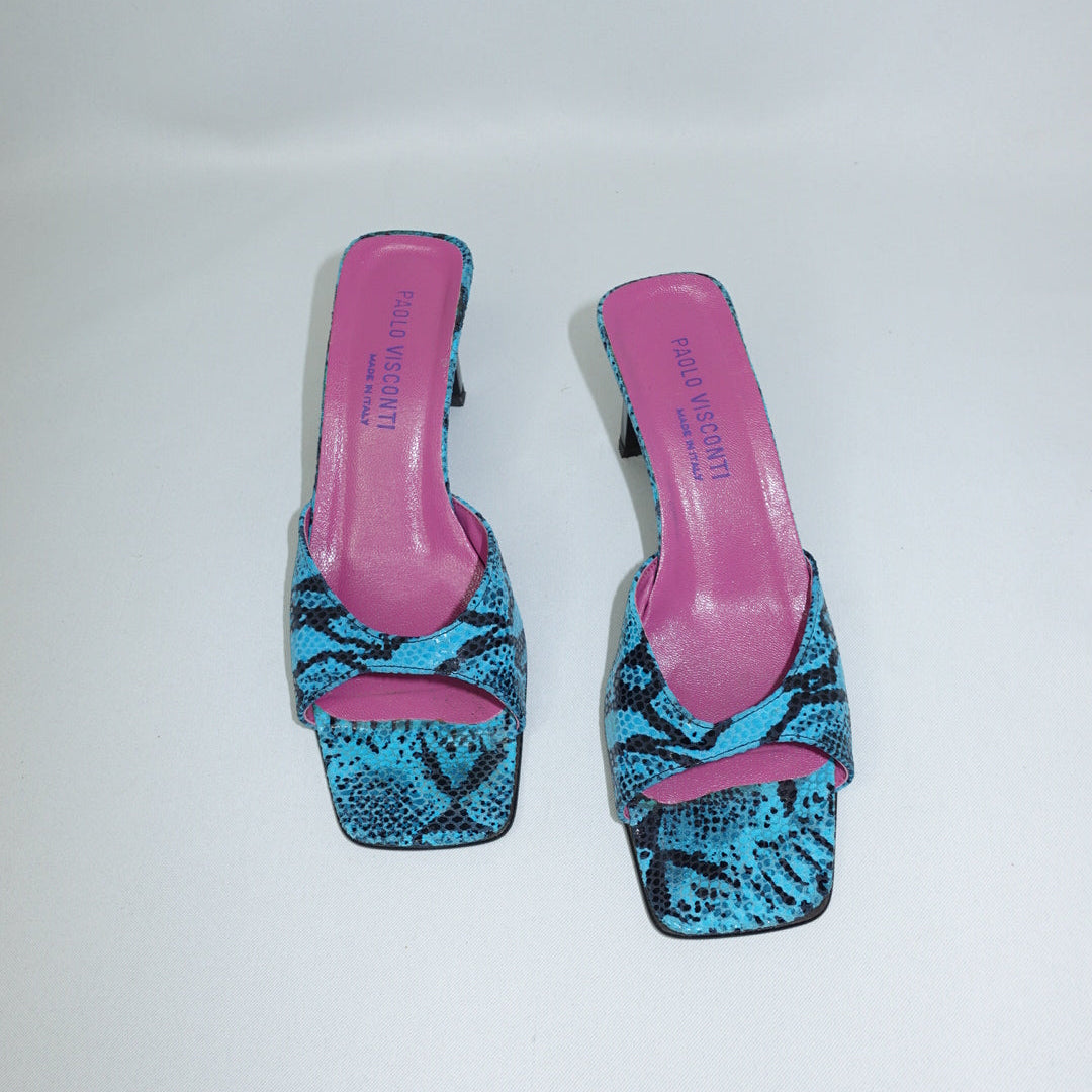 vintage turquoise snake print mule heels front view