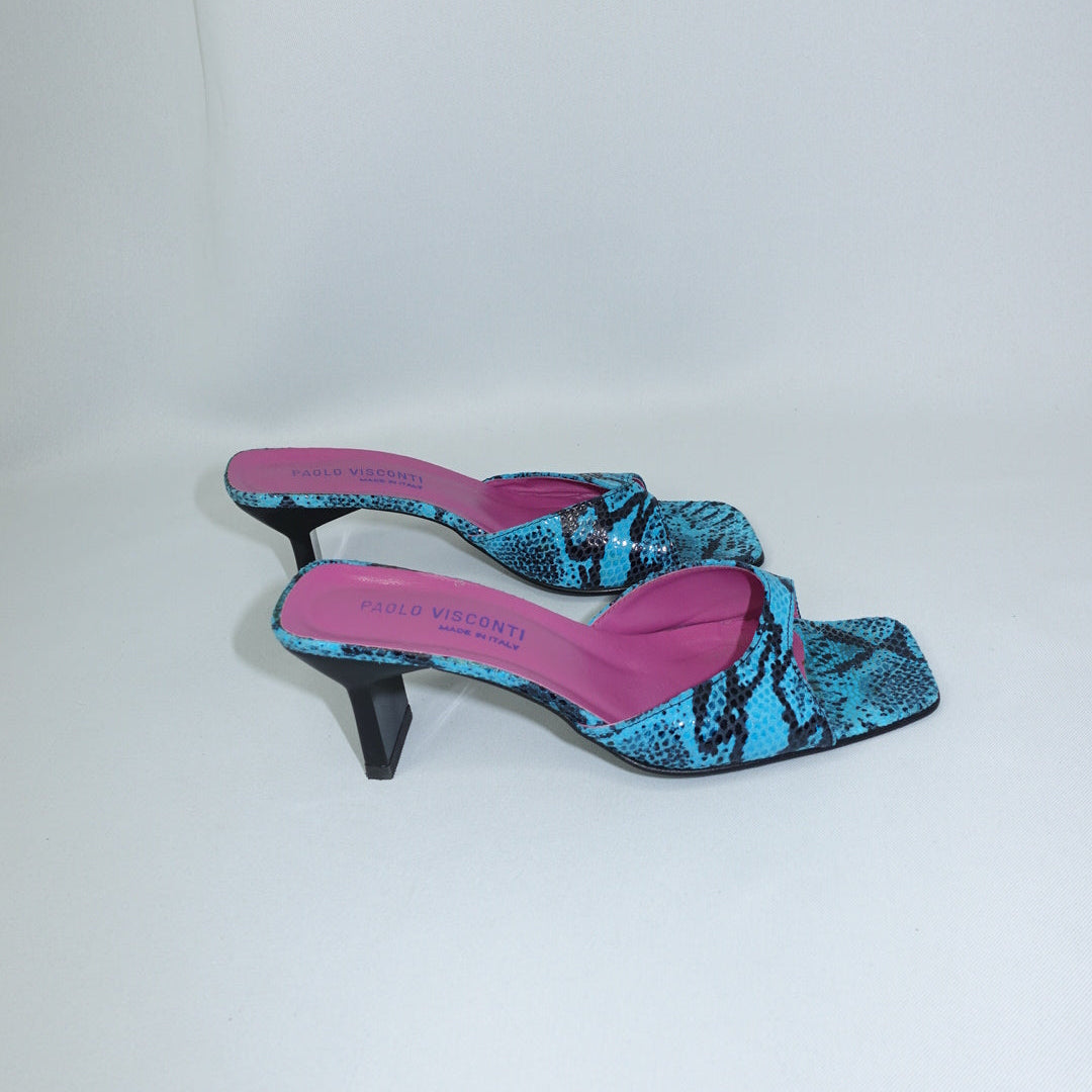 turquoise vintage snake embossed mule heels side view