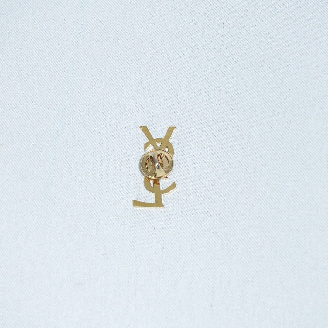 YSL vintage gold tone logo brooch back view
