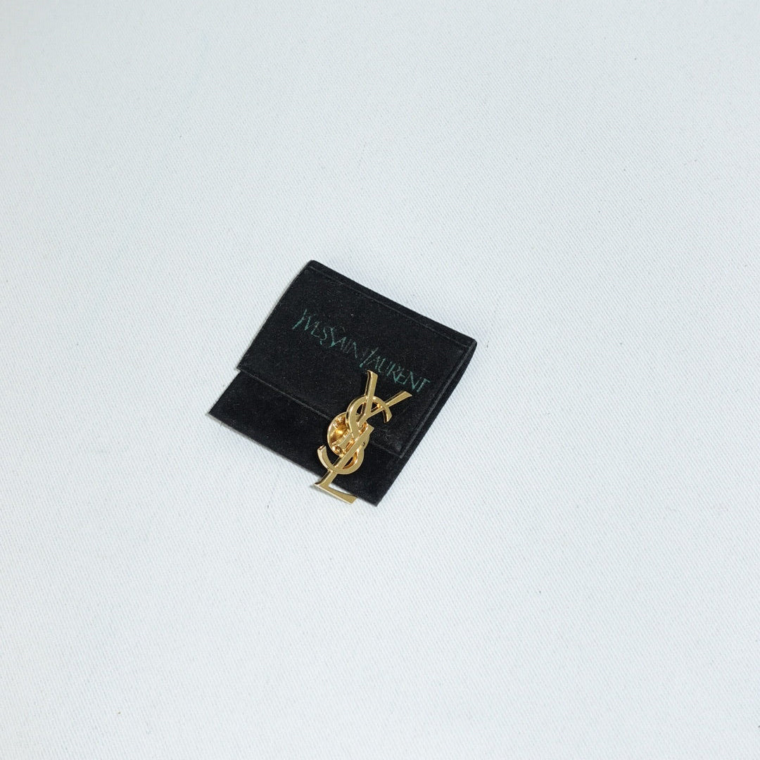 YSL vintage gold tone logo brooch with original pouch