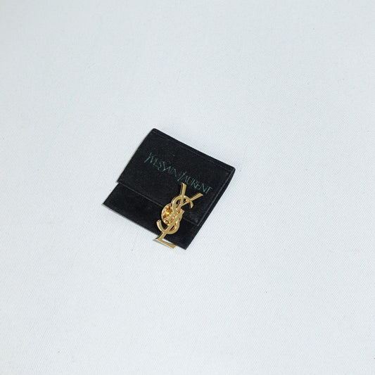 YSL vintage gold tone logo brooch with original pouch